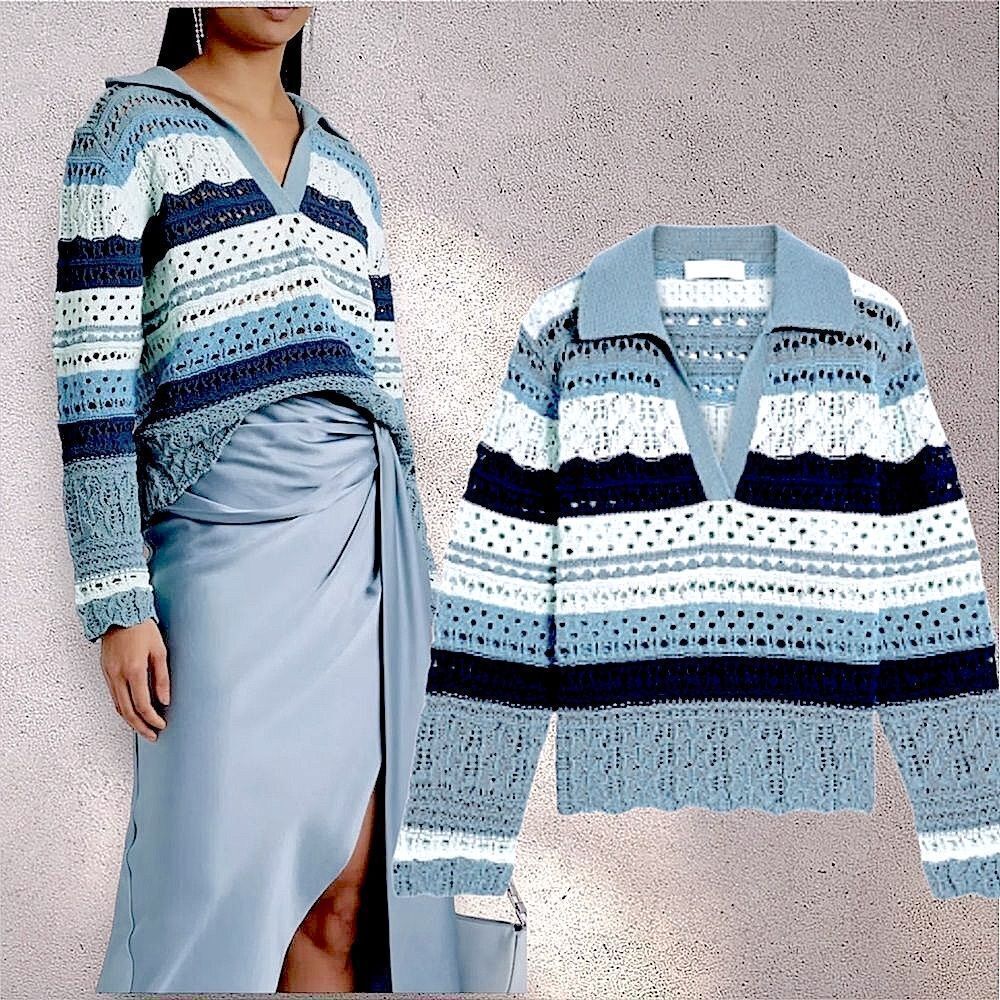 Jonathan Simkhai Roxana Macrame Colorblock Blue Stripe Crochet Sweater/Top  SM